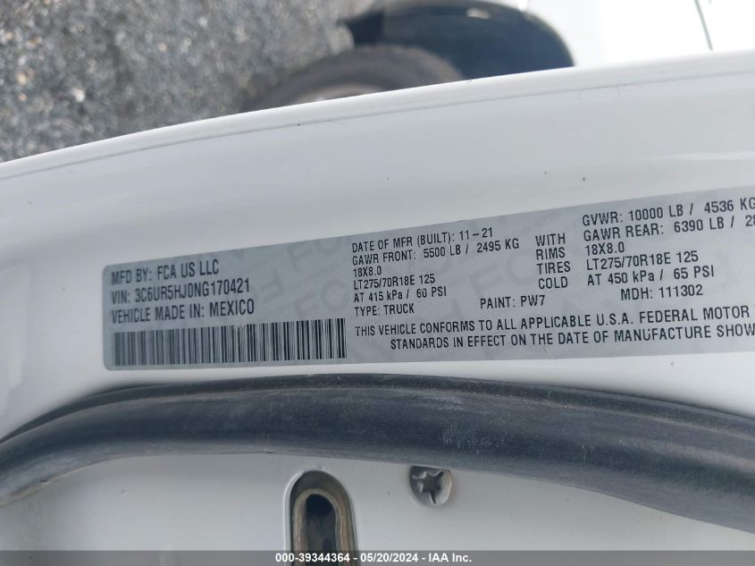 2022 Ram 2500 Tradesman 4X4 8' Box VIN: 3C6UR5HJ0NG170421 Lot: 39344364