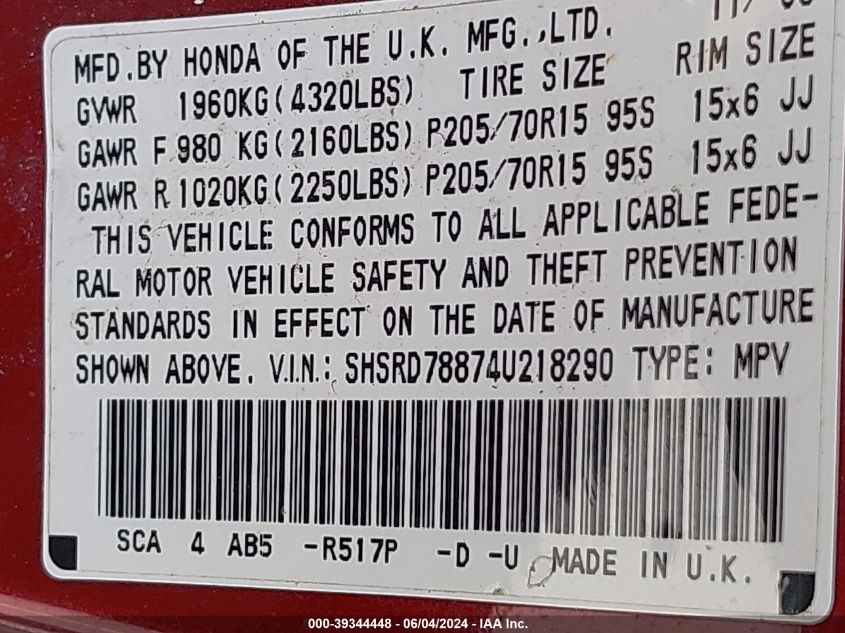 2004 Honda Cr-V Ex VIN: SHSRD78874U218290 Lot: 39344448