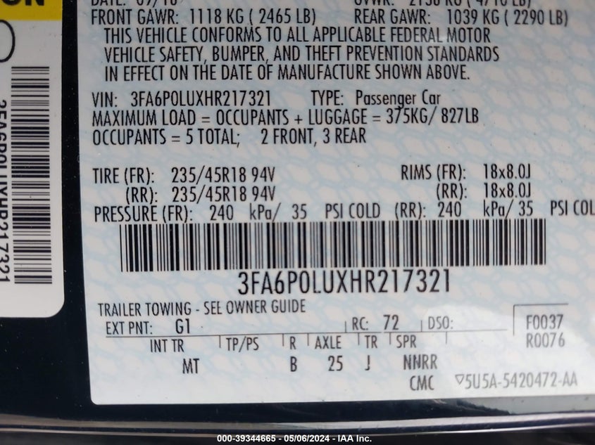 VIN 3FA6P0LUXHR217321 2017 FORD FUSION HYBRID SE