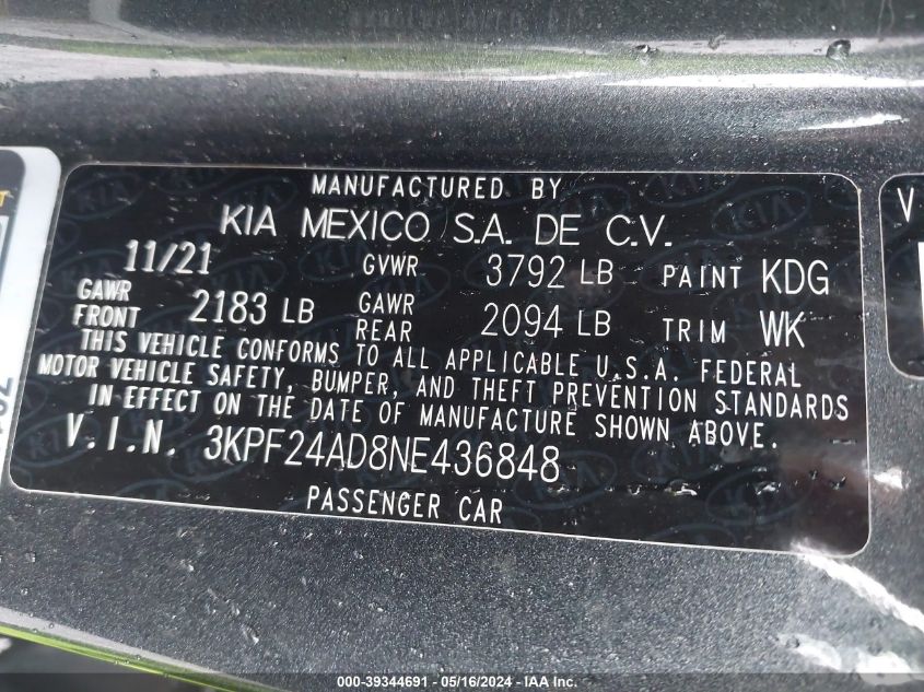 2022 Kia Forte Lxs VIN: 3KPF24AD8NE436848 Lot: 39344691