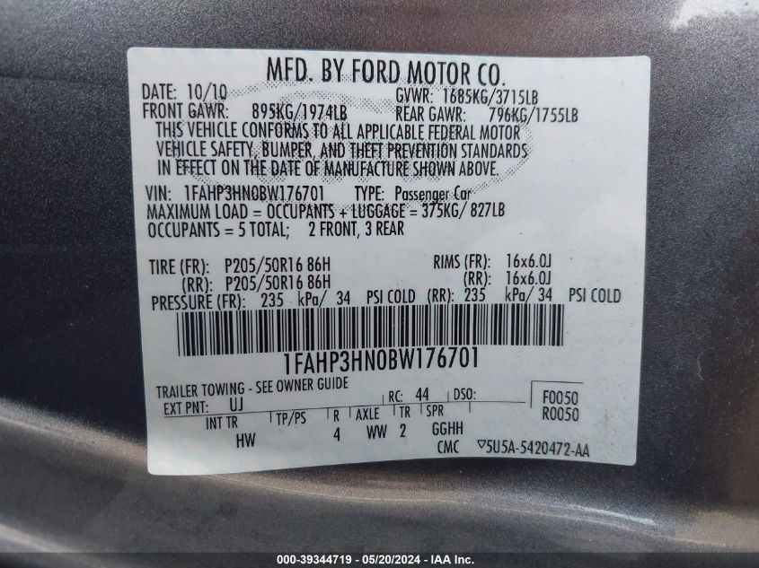 2011 Ford Focus Sel VIN: 1FAHP3HN0BW176701 Lot: 39344719