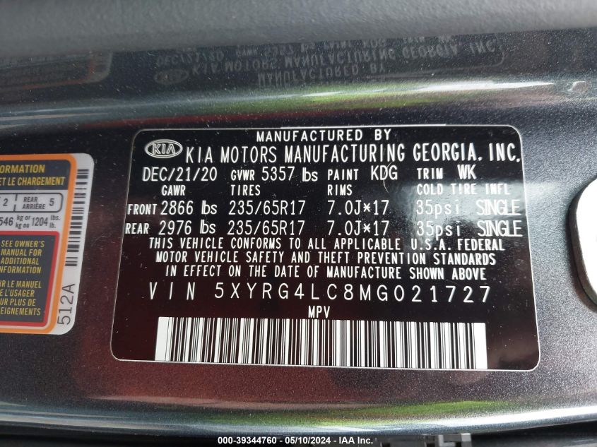 2021 Kia Sorento Lx VIN: 5XYRG4LC8MG021727 Lot: 39344760