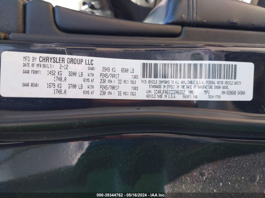 2012 Jeep Grand Cherokee Laredo VIN: 1C4RJFAG1CC246352 Lot: 39344762