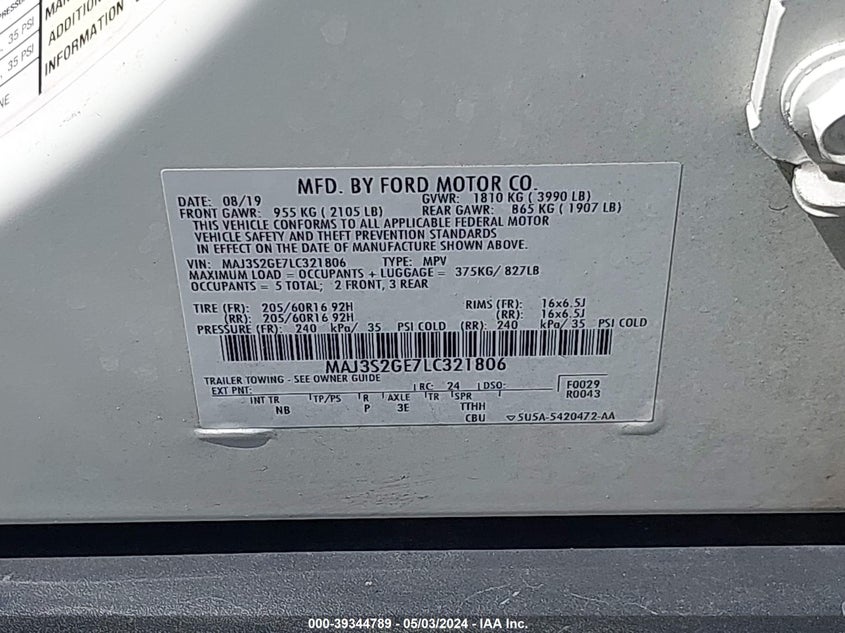 VIN MAJ3S2GE7LC321806 2020 FORD ECOSPORT SE