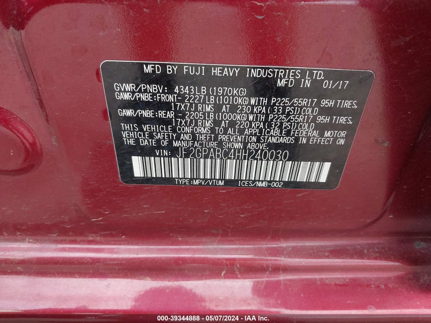 VIN JF2GPABC4HH240030 2017 SUBARU CROSSTREK 2.0I PREMIUM