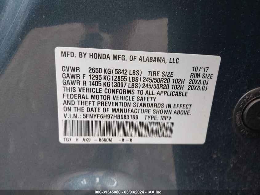 2017 HONDA PILOT TOURING - 5FNYF6H97HB083169