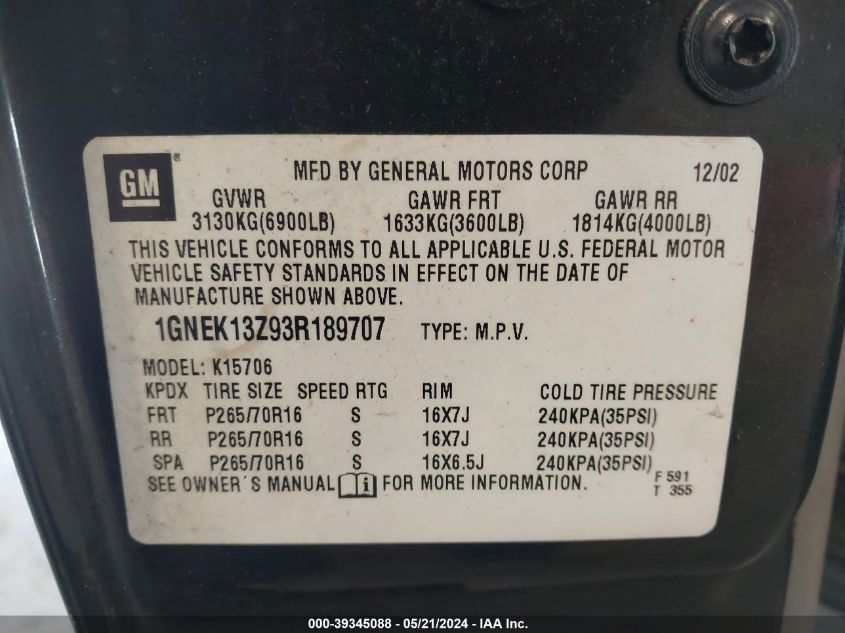 2003 Chevrolet Tahoe Lt VIN: 1GNEK13Z93R189707 Lot: 39345088