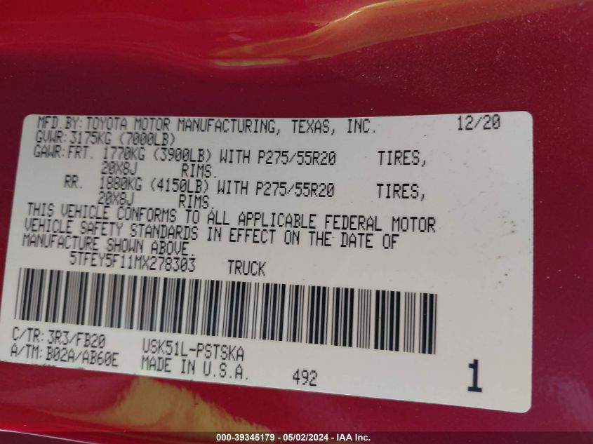 2021 Toyota Tundra Sr5 VIN: 5TFEY5F11MX278303 Lot: 39345179