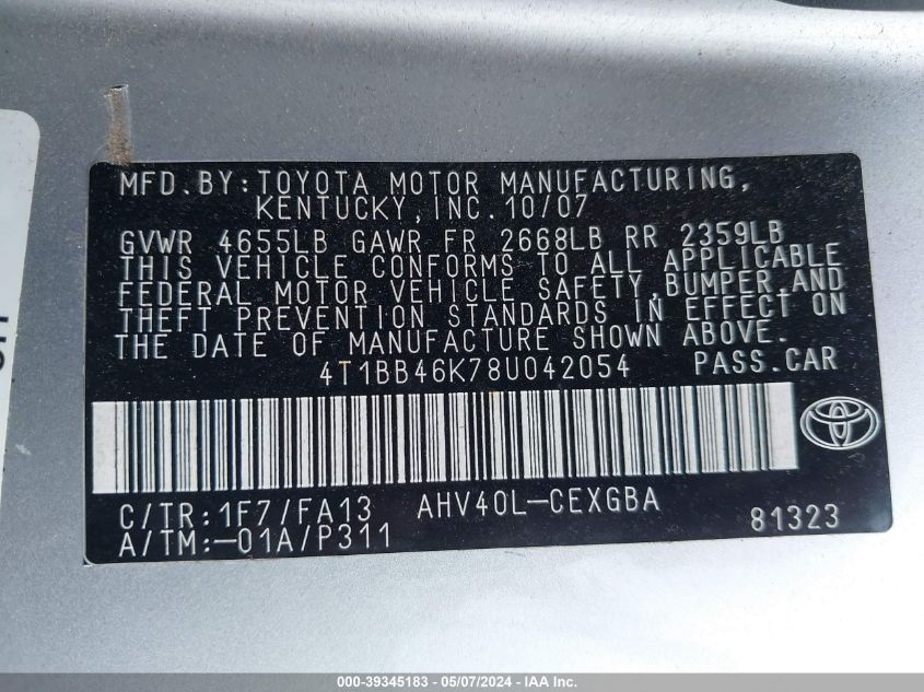 4T1BB46K78U042054 | 2008 TOYOTA CAMRY HYBRID