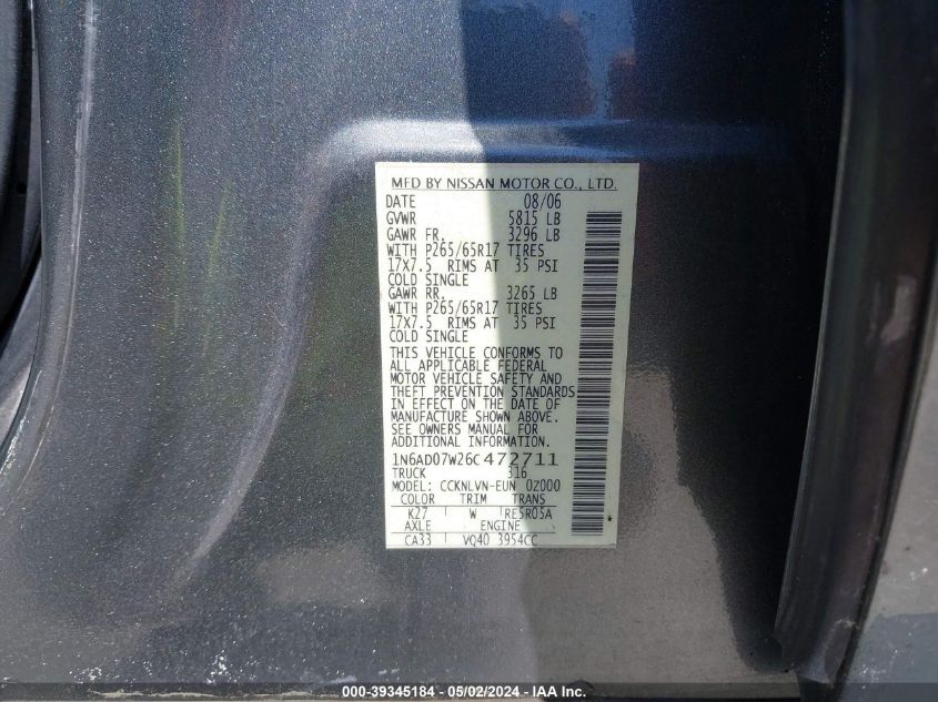 1N6AD07W26C472711 | 2006 NISSAN FRONTIER