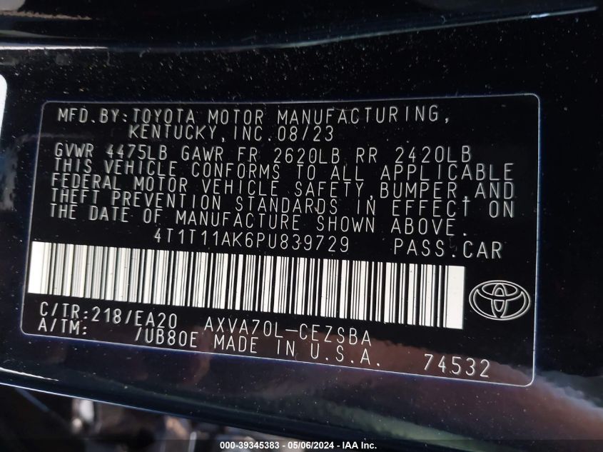 2023 Toyota Camry Se VIN: 4T1T11AK6PU839729 Lot: 39345383