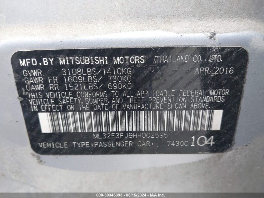 2017 Mitsubishi Mirage G4 Es VIN: ML32F3FJ9HH002595 Lot: 39345393