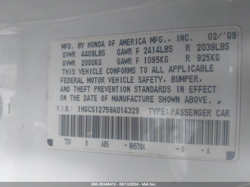 2009 Honda Accord 2.4 Ex VIN: 1HGCS12759A014329 Lot: 39345412