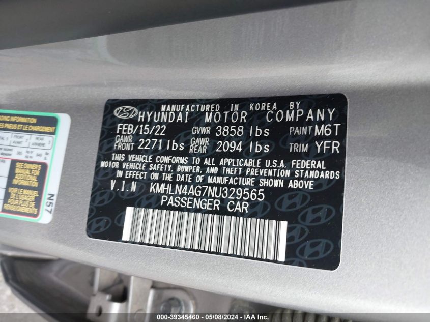 2022 Hyundai Elantra Sel VIN: KMHLN4AG7NU329565 Lot: 39345460