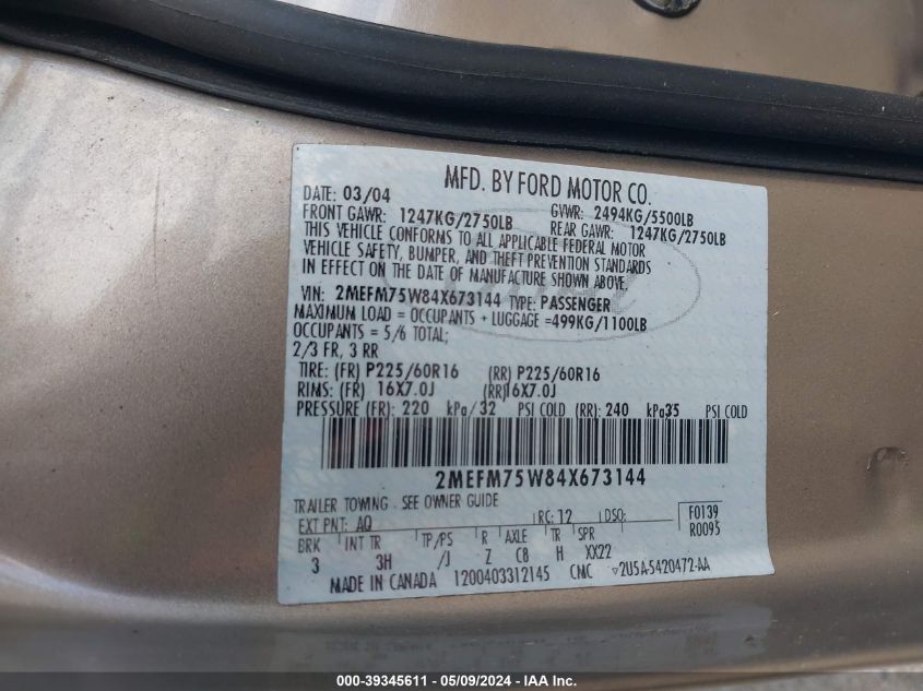 2004 Mercury Grand Marquis Ls VIN: 2MEFM75W84X673144 Lot: 39345611