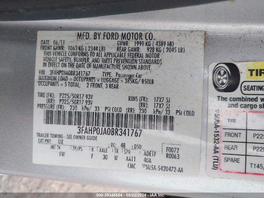 3FAHP0JA0BR341767 | 2011 FORD FUSION