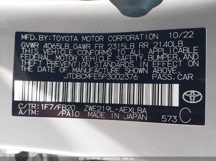 2023 Toyota Corolla Hybrid Le/Hybrid Se/Hybrid Se Infrared/Hybrid Xle VIN: JTDBCMFE5P3002376 Lot: 39345709