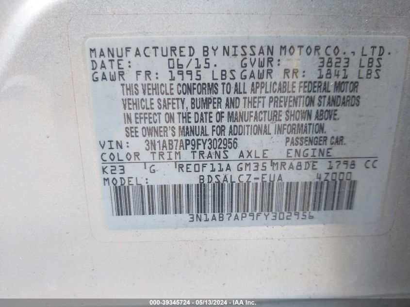 2015 Nissan Sentra S VIN: 3N1AB7AP9FY302956 Lot: 39345724