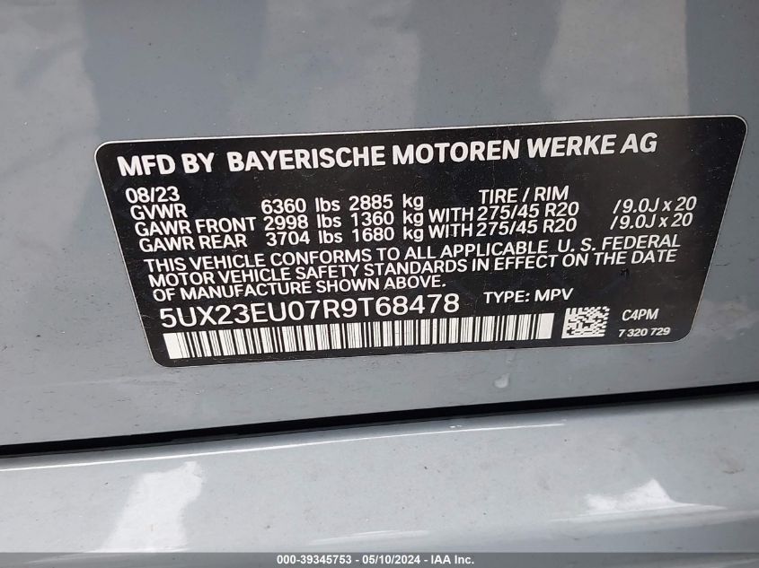 2024 BMW X5 xDrive40I VIN: 5UX23EU07R9T68478 Lot: 39345753