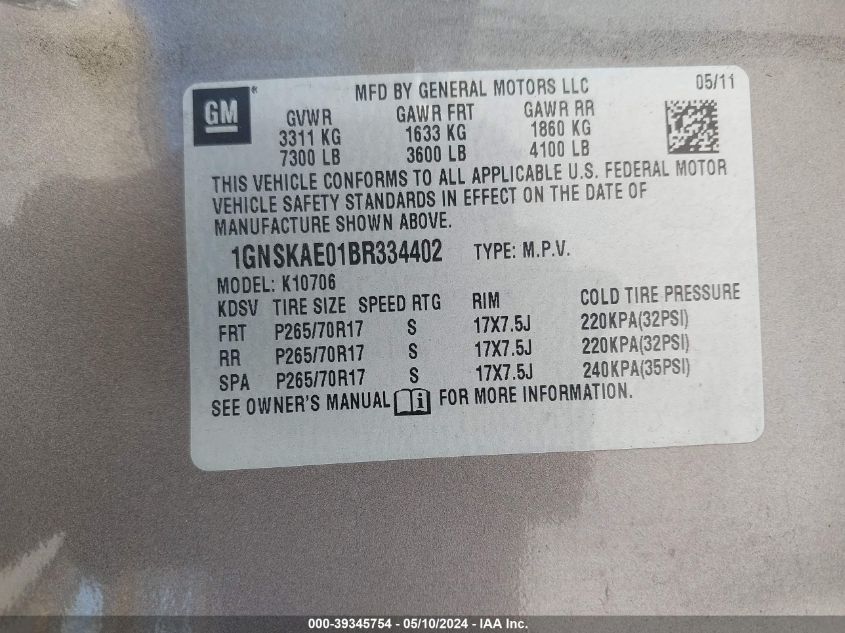 2011 Chevrolet Tahoe Ls VIN: 1GNSKAE01BR334402 Lot: 39345754