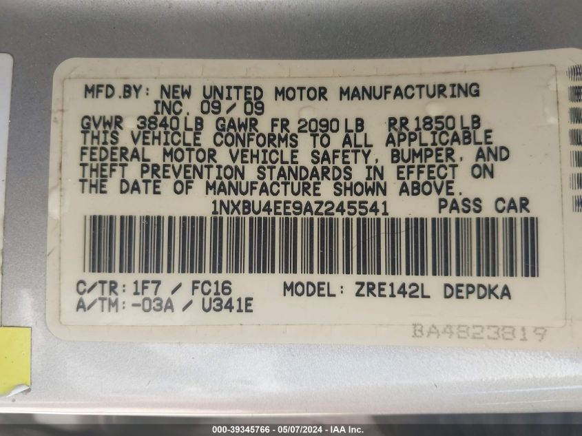 2010 Toyota Corolla Le VIN: 1NXBU4EE9AZ245541 Lot: 39345766