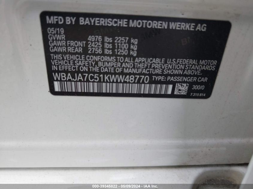 2019 BMW 530I xDrive VIN: WBAJA7C51KWW48770 Lot: 39345822