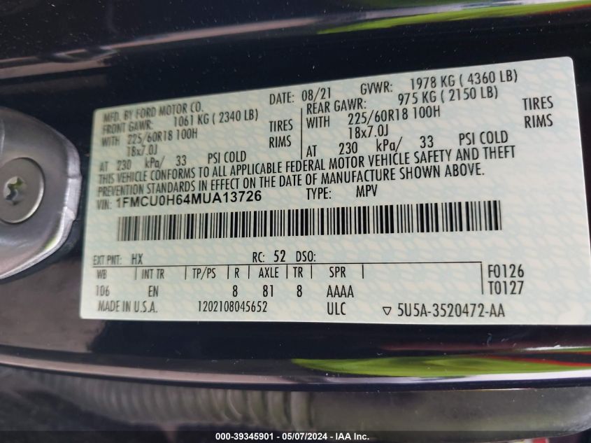 1FMCU0H64MUA13726 2021 Ford Escape Sel