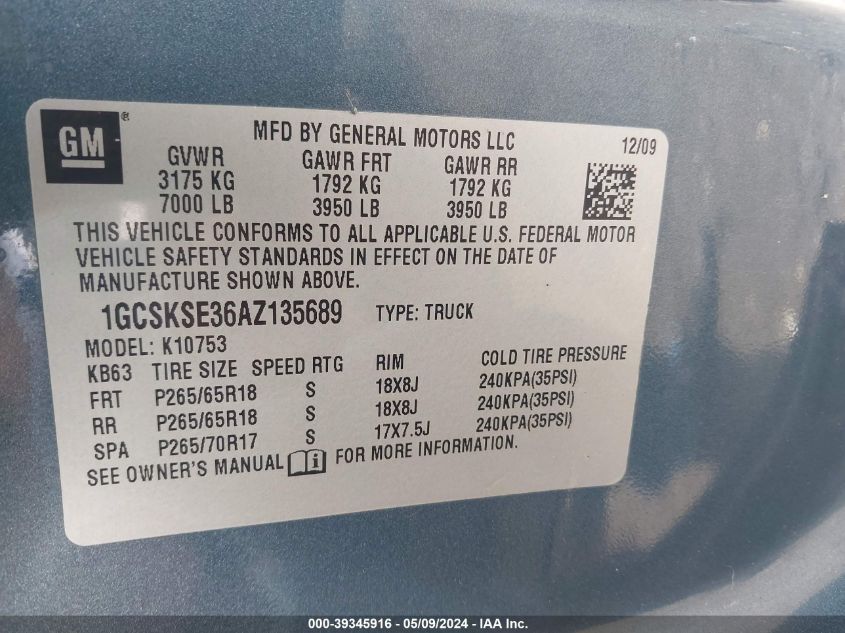 2010 Chevrolet Silverado 1500 Lt VIN: 1GCSKSE36AZ135689 Lot: 39345916