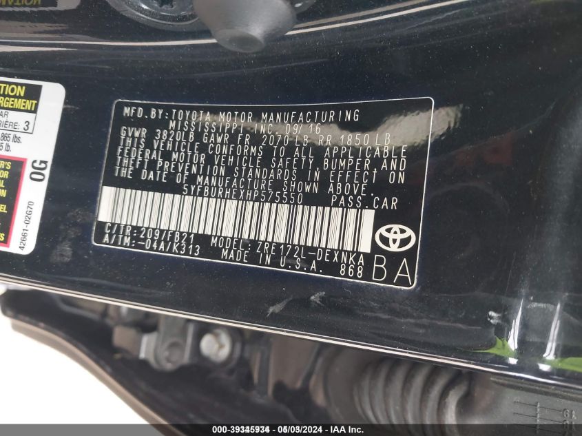 2017 TOYOTA COROLLA LE - 5YFBURHEXHP575550