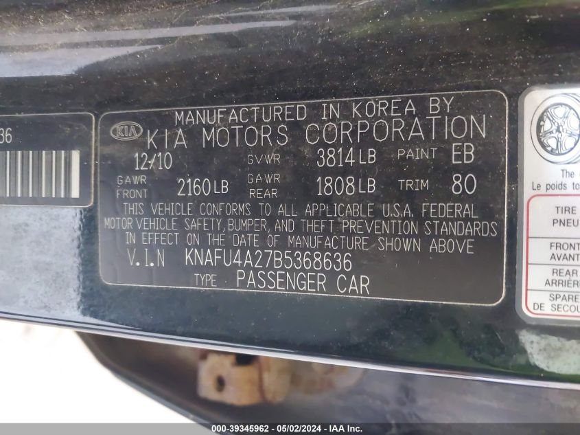 KNAFU4A27B5368636 | 2011 KIA FORTE