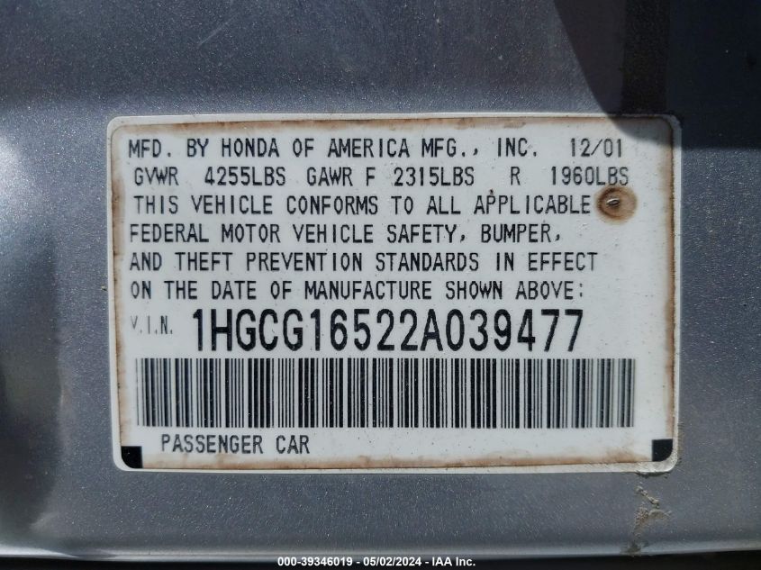 1HGCG16522A039477 | 2002 HONDA ACCORD