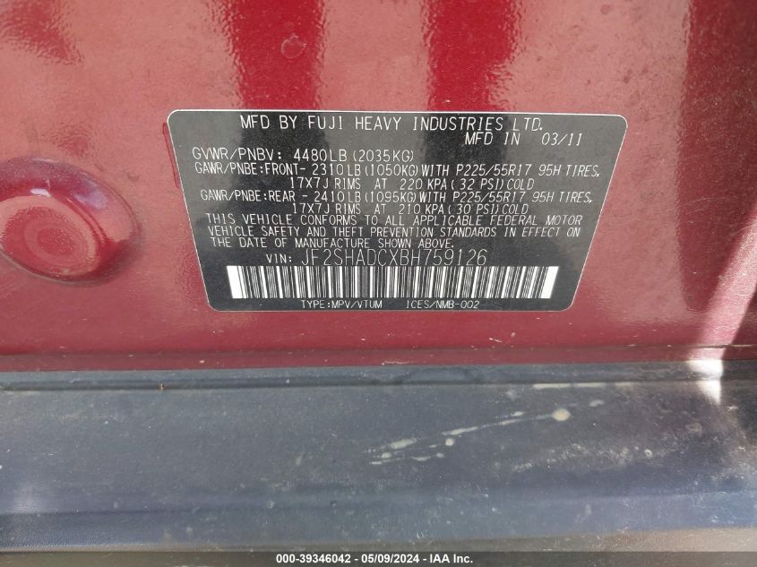 2011 Subaru Forester 2.5X Premium VIN: JF2SHADCXBH759126 Lot: 39346042