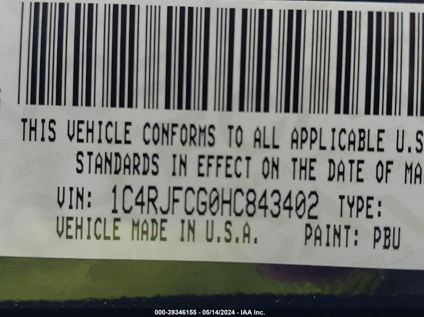 2017 Jeep Grand Cherokee Overland 4X4 VIN: 1C4RJFCG0HC843402 Lot: 39346155