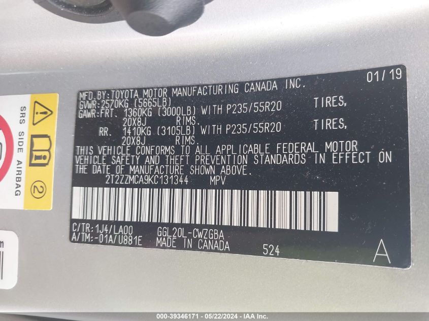 2019 Lexus Rx 350 VIN: 2T2ZZMCA9KC131344 Lot: 39346171