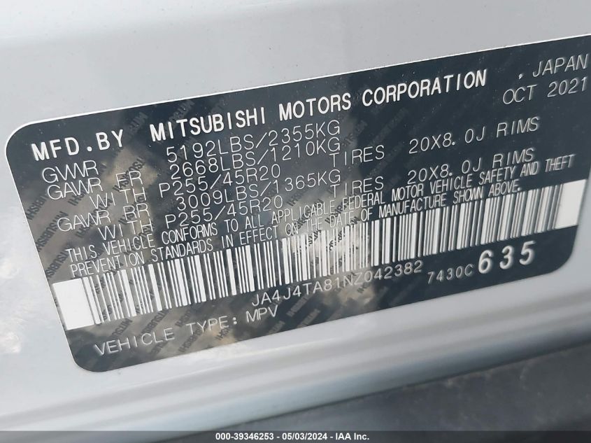 2022 Mitsubishi Outlander Es 2.5 S-Awc VIN: JA4J4TA81NZ042382 Lot: 39346253