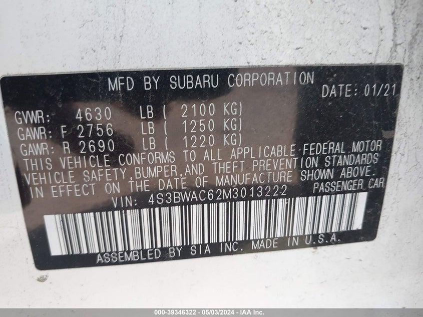 VIN 4S3BWAC62M3013222 2021 SUBARU LEGACY PREMIUM