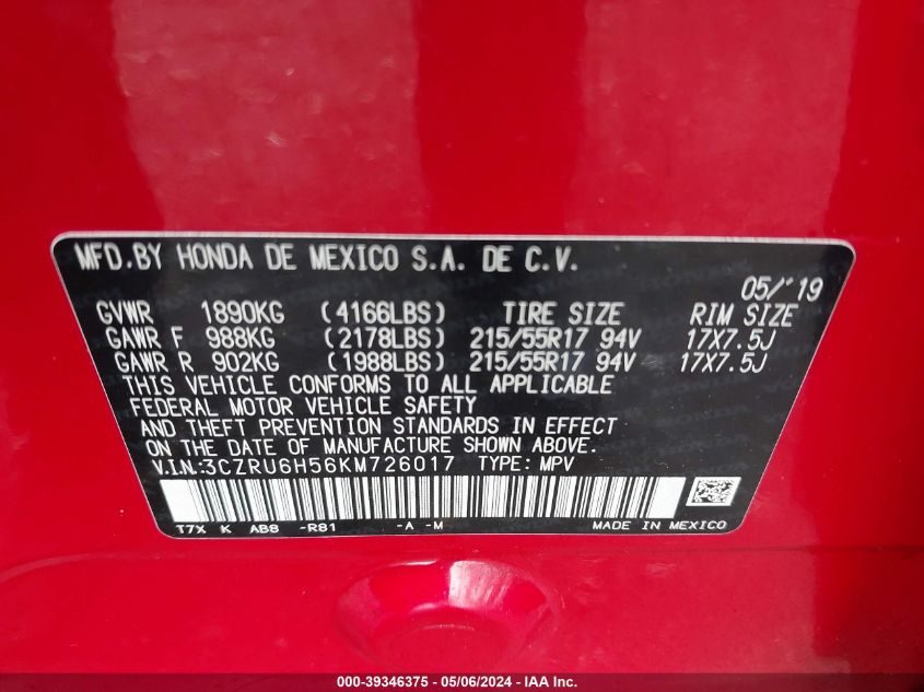 VIN 3CZRU6H56KM726017 2019 HONDA HR-V EX