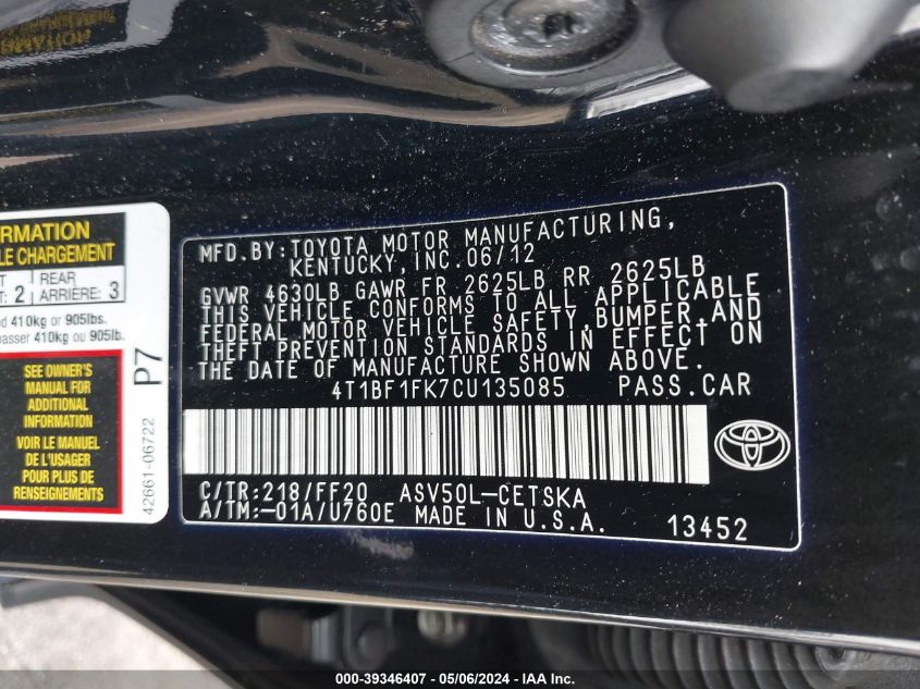 2012 Toyota Camry Se VIN: 4T1BF1FK7CU135085 Lot: 39346407