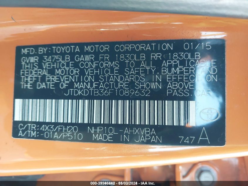 JTDKDTB36F1089632 2015 Toyota Prius C One