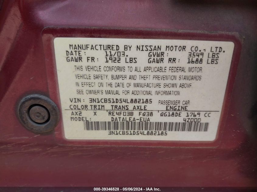 2004 Nissan Sentra 1.8S VIN: 3N1CB51D54L882185 Lot: 39346528