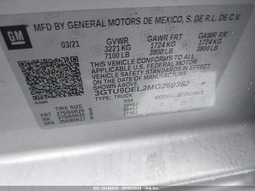 2021 GMC Sierra 1500 4Wd Short Box Slt VIN: 3GTU9DEL2MG269362 Lot: 39346535