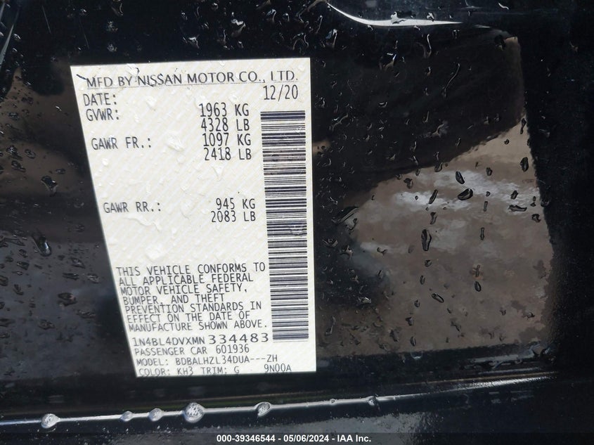 VIN 1N4BL4DVXMN334483 2021 NISSAN ALTIMA SV FWD