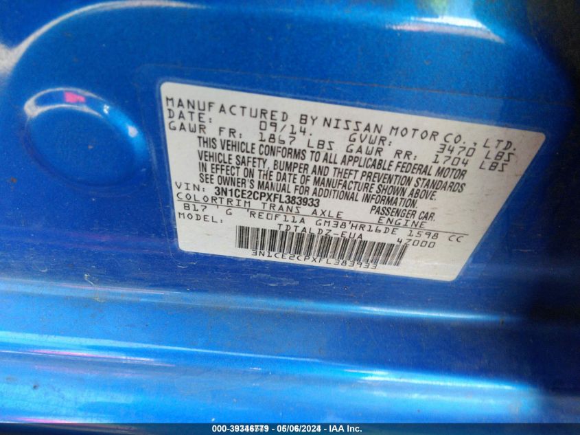 3N1CE2CPXFL383933 2015 Nissan Versa Note S (Sr)/S Plus/Sl/Sr/Sv