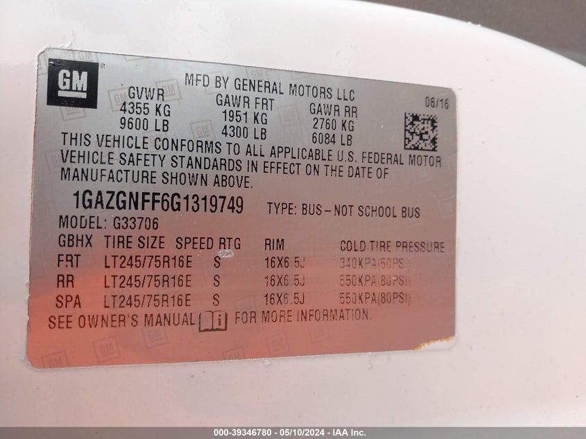 2016 CHEVROLET EXPRESS 3500 LS - 1GAZGNFF6G1319749