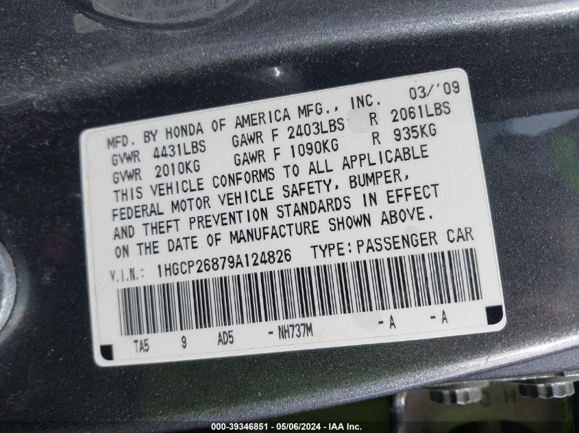 1HGCP26879A124826 | 2009 HONDA ACCORD