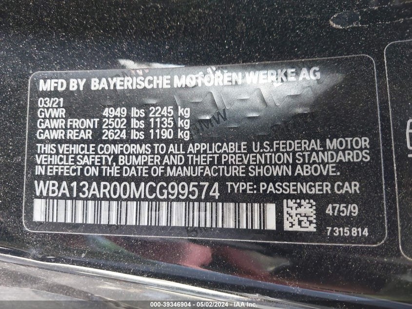 2021 BMW M440I XDRIVE VIN: WBA13AR00MCG99574