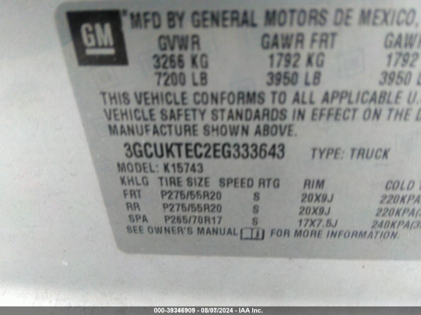 2014 Chevrolet Silverado 1500 High Country VIN: 3GCUKTEC2EG333643 Lot: 39346909