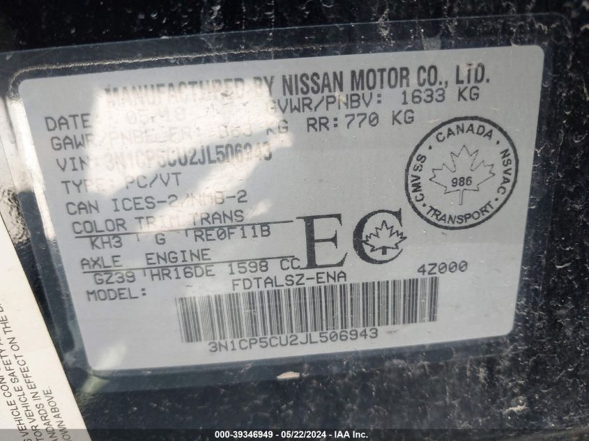 3N1CP5CU2JL506943 2018 Nissan Kicks S/Sr/Sv