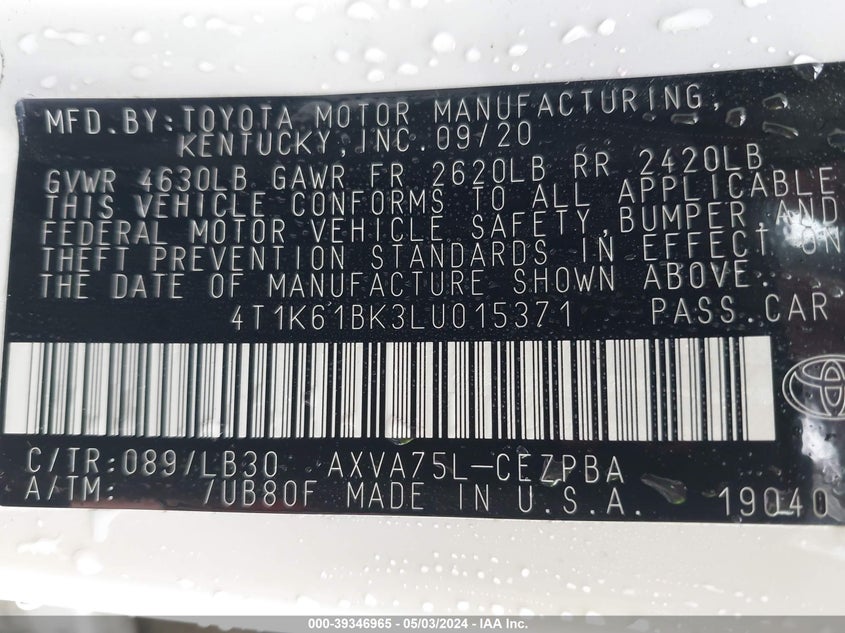 2020 TOYOTA CAMRY XSE AWD - 4T1K61BK3LU015371
