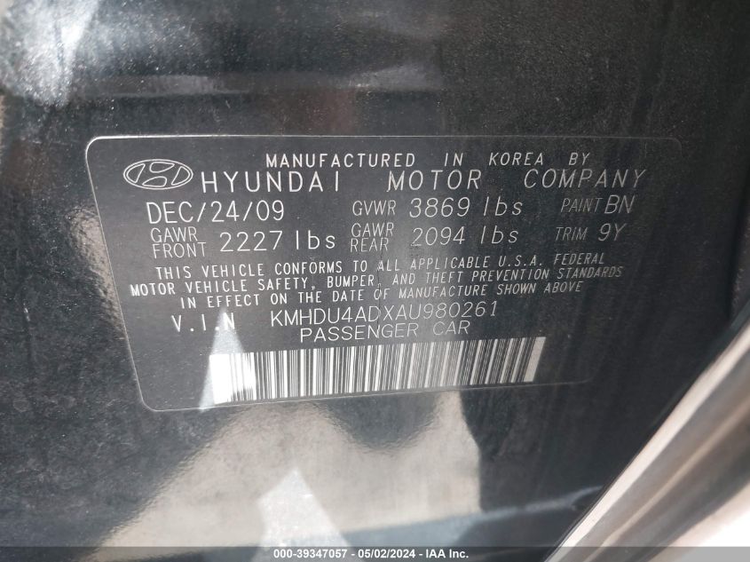 KMHDU4ADXAU980261 | 2010 HYUNDAI ELANTRA